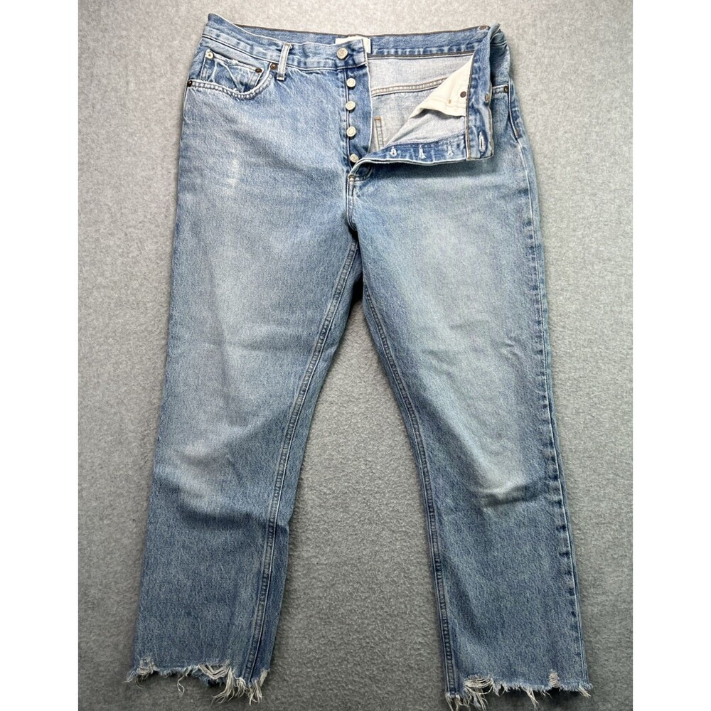 AGolde Riley High Rise Straight Crop Jeans 31 Button Fly Raw Hem Light Wash